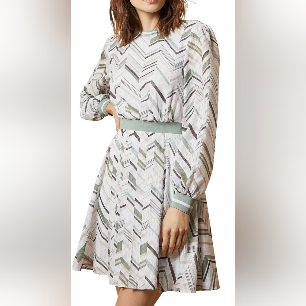 Ted Baker Chevron Mini Dress in White and Green